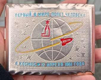 USSR soviet aluminium cigarette case "First fly of mankind's representative to deep space Yuri Gagarin on April 12/1961 year".