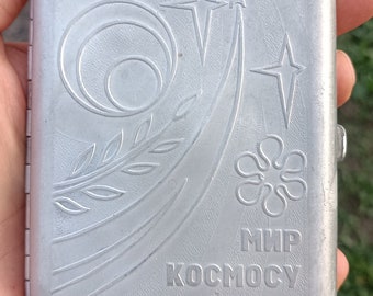 USSR Soviet aluminium cigarette case "Peace to space" 1980's Cold war era - Star Wars / Militarisation of space 1980's