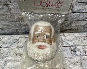 Santa Doll Head Pink Stocking Caps with Star Design and Holly Detail Vintage Santa Head with Cotton Fluff Beard and Wire Rimmed Spectacles