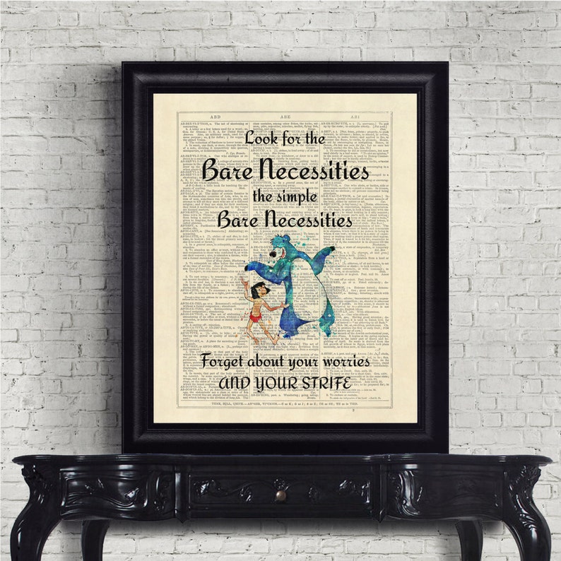 Jungle Book, Bare Necessities, Baloo, Mowgli, Rudyard Kipling Book Dictionary Page Instant Download Wall Art Print Poster image 1