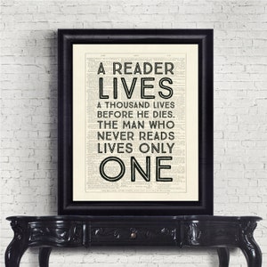 Book Worm, Book Quote, A Reader Lives A Thousand Lives, Library Study Gift Dictionary Page INSTANT DOWNLOAD Wall Art Print Poster