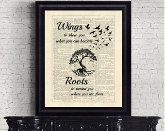 Wings To Show You What You Can Become Roots To You Where You Are From Quirky Dictionary Page Instant Download Wall Art Print
