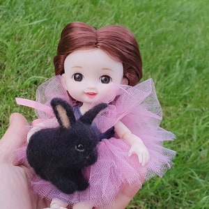 Black bunny Rabbit Christmas ornaments bunny  pet ob11 miniature pet felted tiny bunny hare gift girl Wool Felt Animals Home Decor OOAK cute
