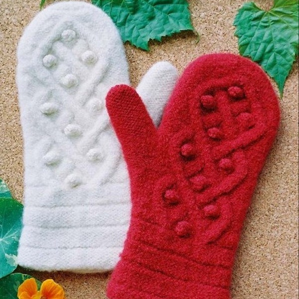 Aran Mittens to Felt Knitting Pattern, pdf download, Cables and Bobbles, slightly felted
