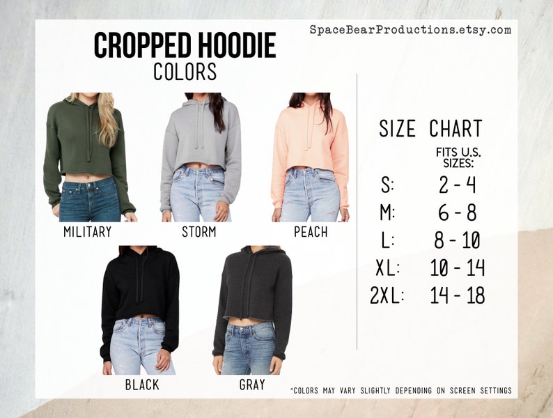 Pu&ograve; includere: Una felpa con cappuccio corta in sei colori: verde militare, grigio, pesca, nero e grigio tempesta. La tabella delle taglie mostra le taglie USA 2-4, 6-8, 8-10, 10-14 e 14-18. "I colori possono variare leggermente a seconda delle impostazioni dello schermo."