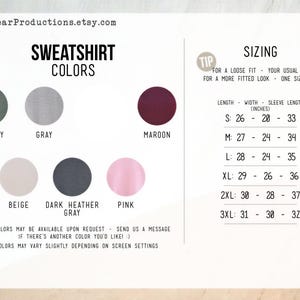 The image is a screenshot of a website called SpaceBearProductions.com, which offers a variety of colors for sweatshirts. The image includes a list of different sweatshirt colors along with their corresponding sizes, as well as a size guide for customers.