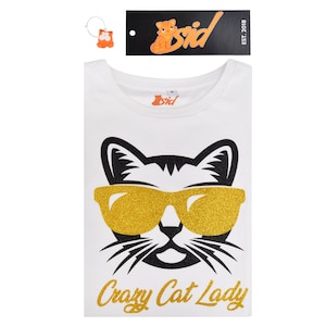 Crazy Cat Lady Gift Black & Gold Sparkly Glitter Ladies Women&#39;s White T Shirt Size UK 8,10,12,14,16