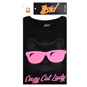 Crazy Cat Lady Gift Black & Pink Sparkly Glitter Ladies Women&#39;s Black T Shirt Size UK 8,10,12,14,16