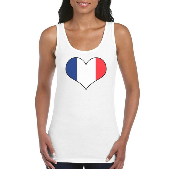 France French Love Heart Flag Girls Women s Ladies Tank Top Vest T Shirt White