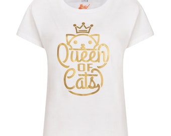 Cute Cat Slogan Queen Of Cats Gold Print Gift Ladies Womens White T Shirt Size UK 8,10,12,14,16