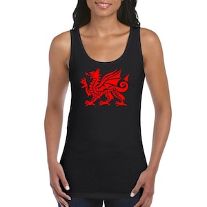 Welsh dragon wales rugby girls women&#39;s ladies tank top vest t shirt black