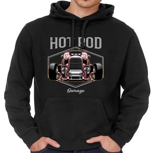 Hot Rod Car Garage Gift Adults Mens Unisex Black Cotton Rich Fleece Lined Hoodie