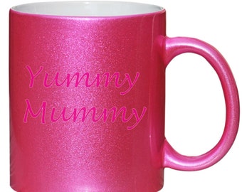 Yummy Mummy Novelty Funny Secret Santa Birthday Christmas Gift Mug Pink Glitter