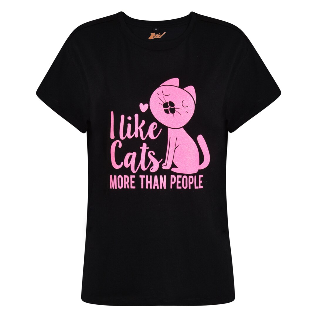Cute Cat Slogan Light Pink Glitter Print Gift Ladies Womens Black T