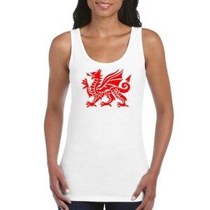 Welsh Dragon Wales Rugby Girls Women&#39;s Ladies Tank Top Vest T Shirt White