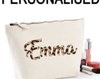 Secret Santa Office Gift Leopard Print Personalised Name Women&#39;s Make Up Accessory Makeup  Bag