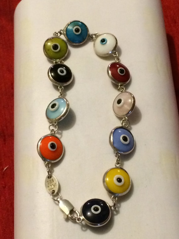 Multi Colored "Evil Eyes" Bracelet, 925 Silver, fr