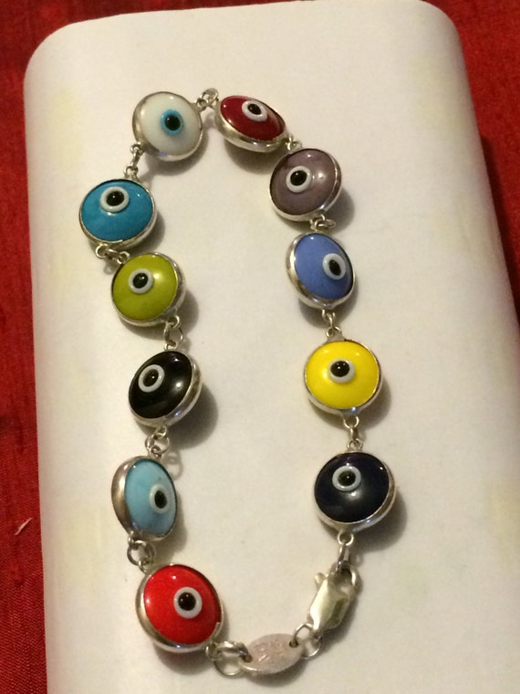 Multi Colored "Evil Eyes" Bracelet, 925 Silver, s… - image 1