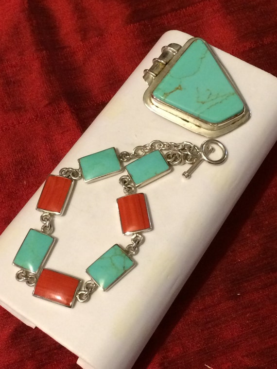 925 Silver, turquoise and gemstone Pendant and Br… - image 1