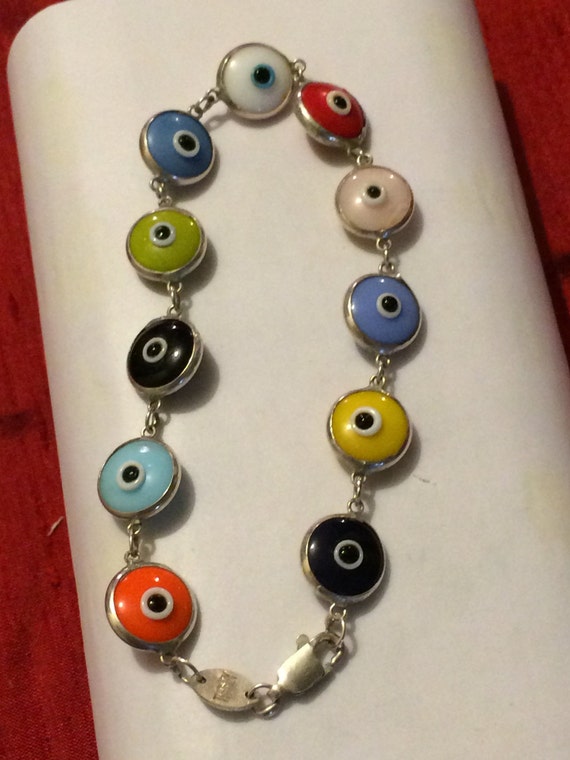 Multi Colored "Evil Eyes" Bracelet, 925 Silver.  7