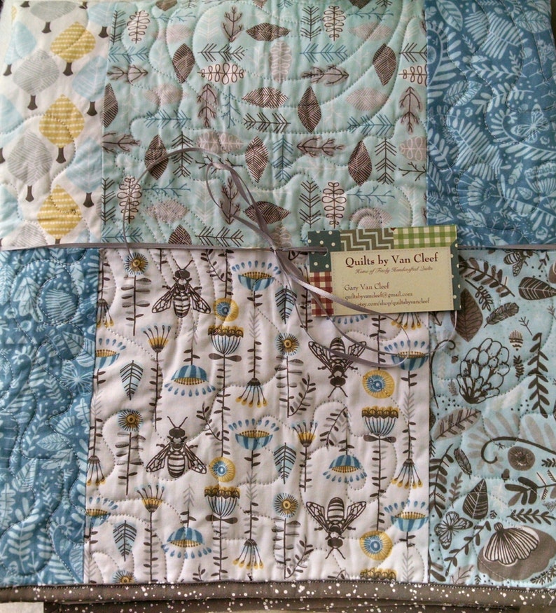 Grey Blue Woodland Quilt White Toddler Bee Quilt Baby Bee Quilt Brown Hawthorne Threads Bee Quilt Baby Quilt Owls