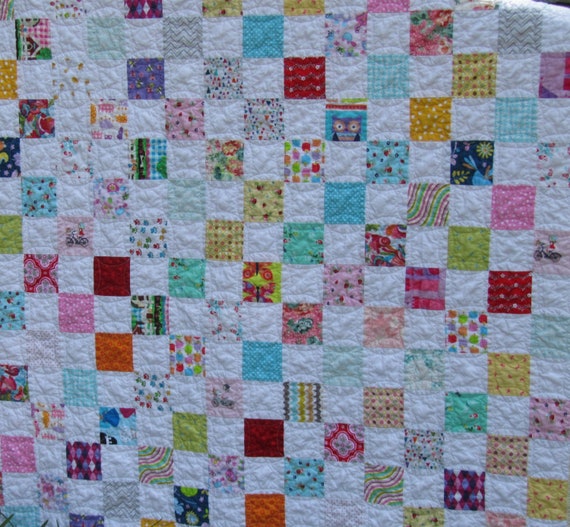 Modern baby girl quilt toddler blanket patchwork throw in pink blue