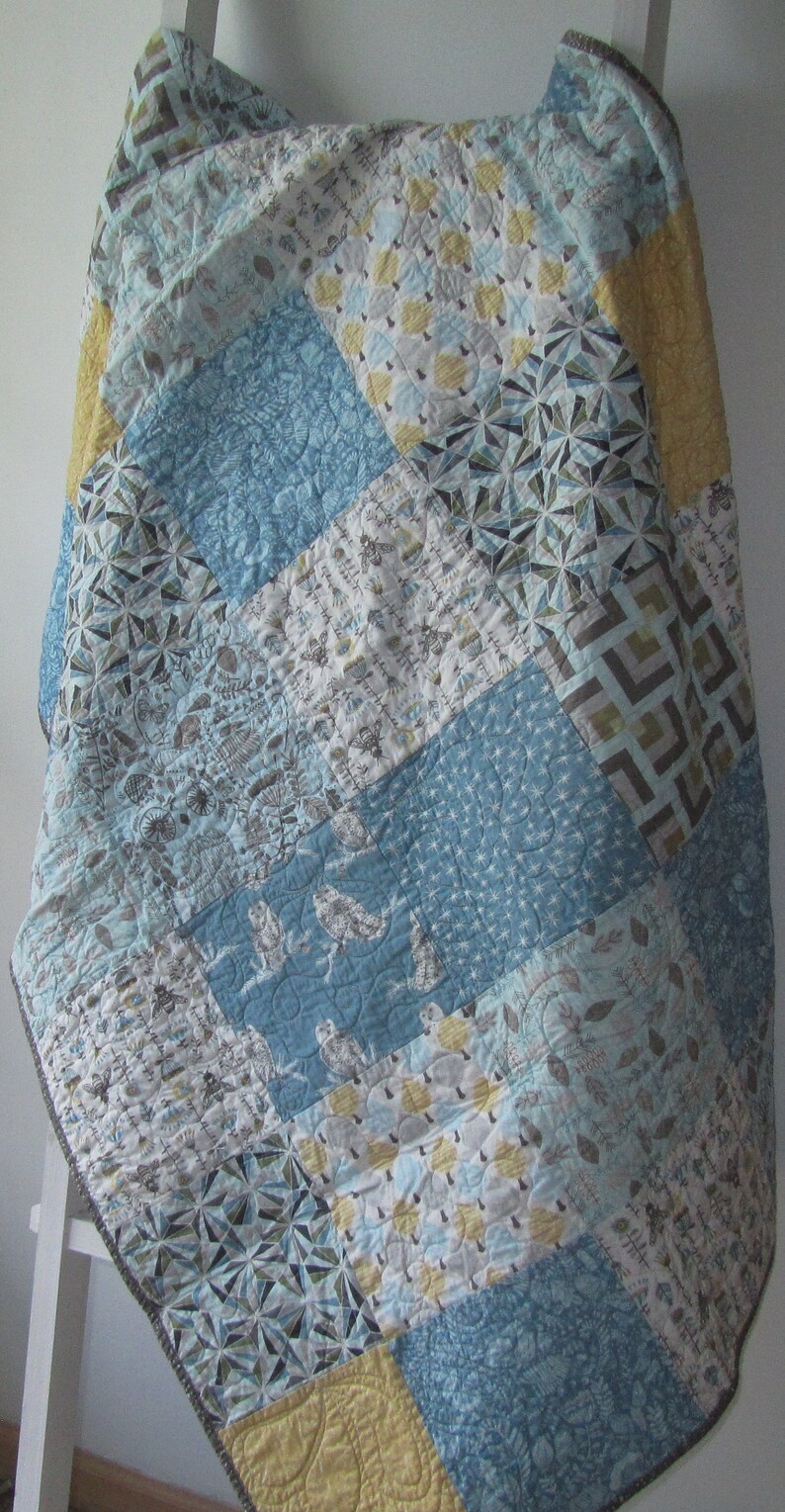 Grey Blue Woodland Quilt White Toddler Bee Quilt Baby Bee Quilt Brown Hawthorne Threads Bee Quilt Baby Quilt Owls