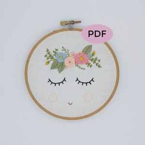 Posy Embroidery Pattern, PDF Embroidery Pattern, Digital Download, Floral Embroidery Pattern, Sleepy Face, Flower Crown Embroidery Pattern