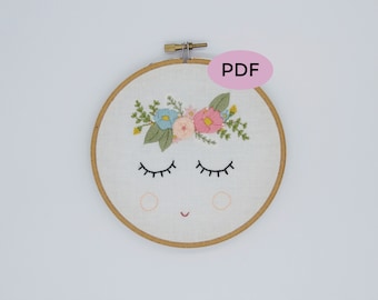 Posy Embroidery Pattern, PDF Embroidery Pattern, Digital Download, Floral Embroidery Pattern, Sleepy Face, Flower Crown Embroidery Pattern