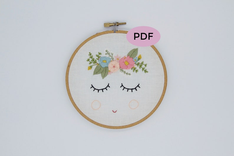 Posy Embroidery Pattern, PDF Embroidery Pattern, Digital Download, Floral Embroidery Pattern, Sleepy Face, Flower Crown Embroidery Pattern image 1