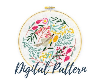Wattlebird Embroidery Pattern, PDF Embroidery Pattern, Digital Download, Australian Natives, Floral Pattern, Thread Folk, Lauren Merrick