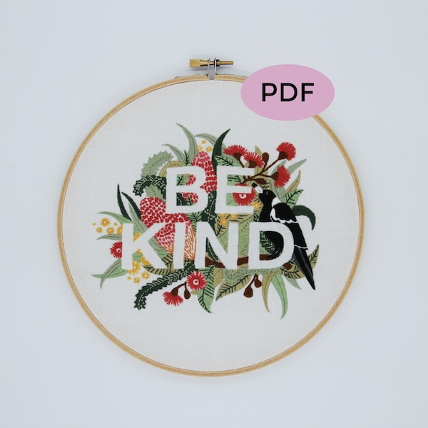 Be Kind Embroidery Pattern, PDF Digital Download, Digital Download, Floral Embroidery, Australian Natives, Thread Folk, Lauren Merrick