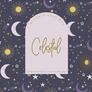 Celestial Embroidery Pattern Set, PDF Digital Download, Moon Embroidery Pattern, Stars, Sun Embroidery Pattern, Embroidery Supplies