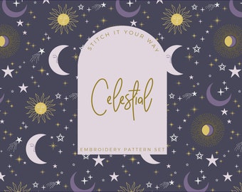 Celestial Embroidery Pattern Set, PDF Digital Download, Moon Embroidery Pattern, Stars, Sun Embroidery Pattern, Embroidery Supplies