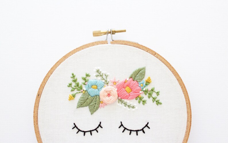 Posy Embroidery Pattern, PDF Embroidery Pattern, Digital Download, Floral Embroidery Pattern, Sleepy Face, Flower Crown Embroidery Pattern image 2