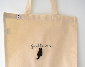 Handbestickte Einkaufstasche aus Gattara-Baumwolle und Katzenbrosche