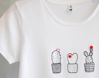 T-shirt 100% coton biologique avec cactus et pompons brodés