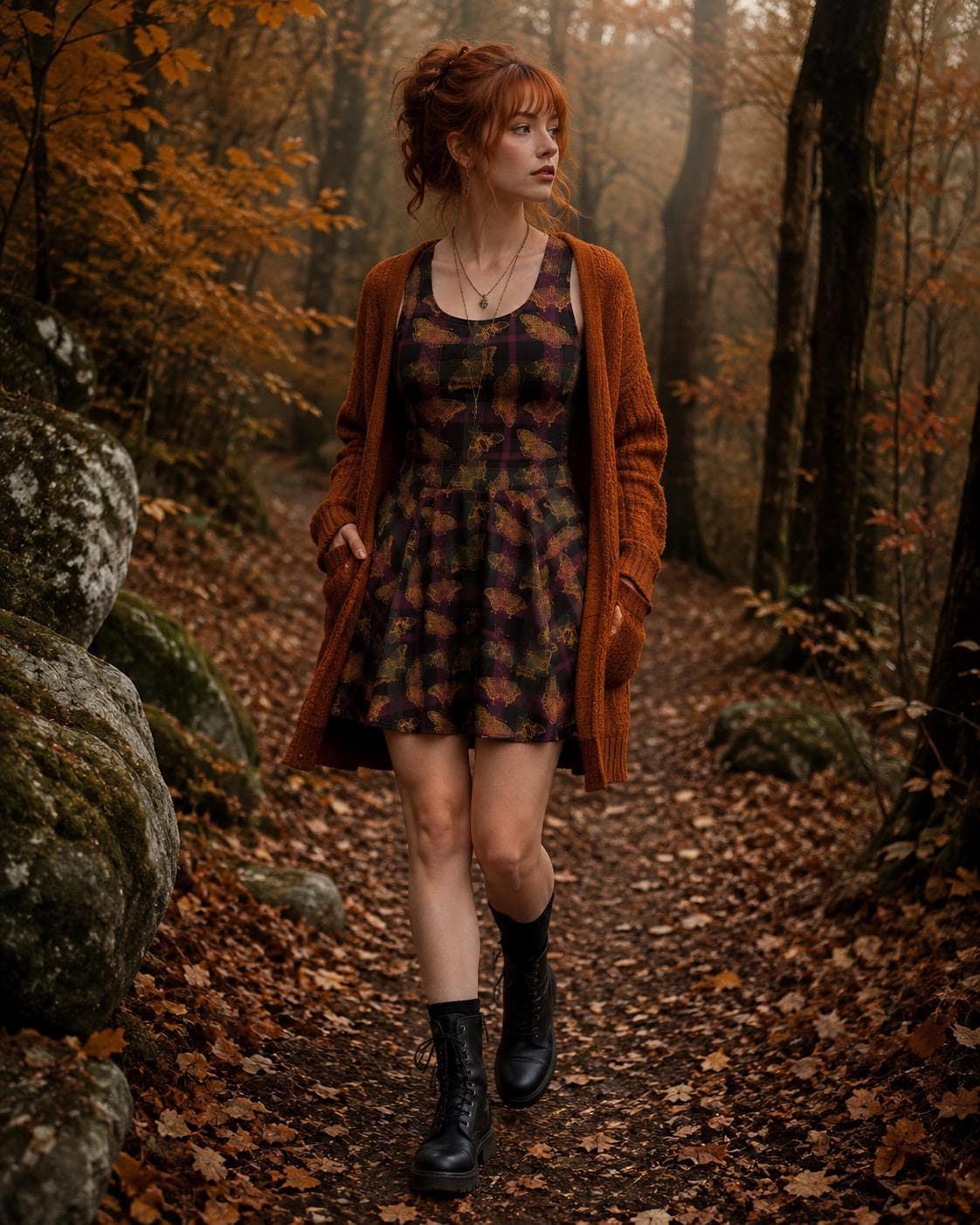 Ember Moth Plaid Cotton Skater Dress – Plum, Black and Forest Green Butterfly Fall Dress