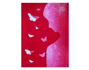 Original woman and butterflies screen print on paper, contemporary art tones of red rose ideal for decorating your home, modern art