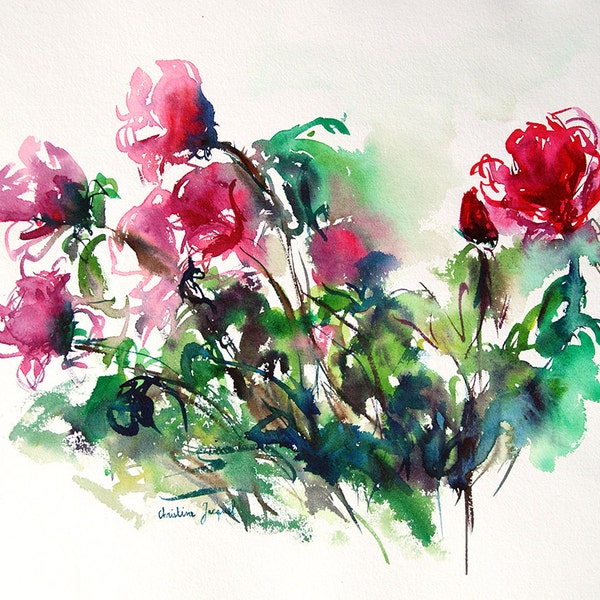 Aquarelle originale d'un bouquet de fleurs pour la fête des mères, peinture d'un bouquet de fleurs roses, bouquet de roses