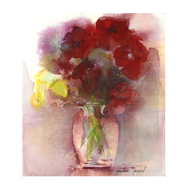 Aquarelle originale d'un bouquet de fleurs dans un vase,peinture originale de fleurs,aquarelle d'anémones rouges,cadeau fête des mères