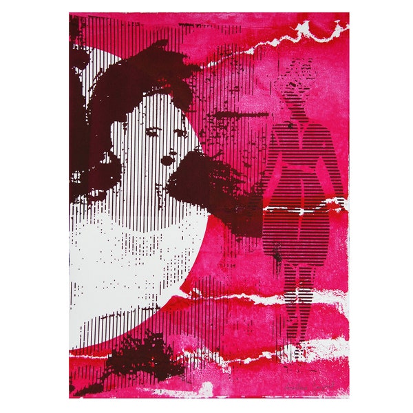 Peinture originale d'un portrait de femme, femme sur fond rose, sérigraphie originale magenta,art contemporain pour décorer votre maison