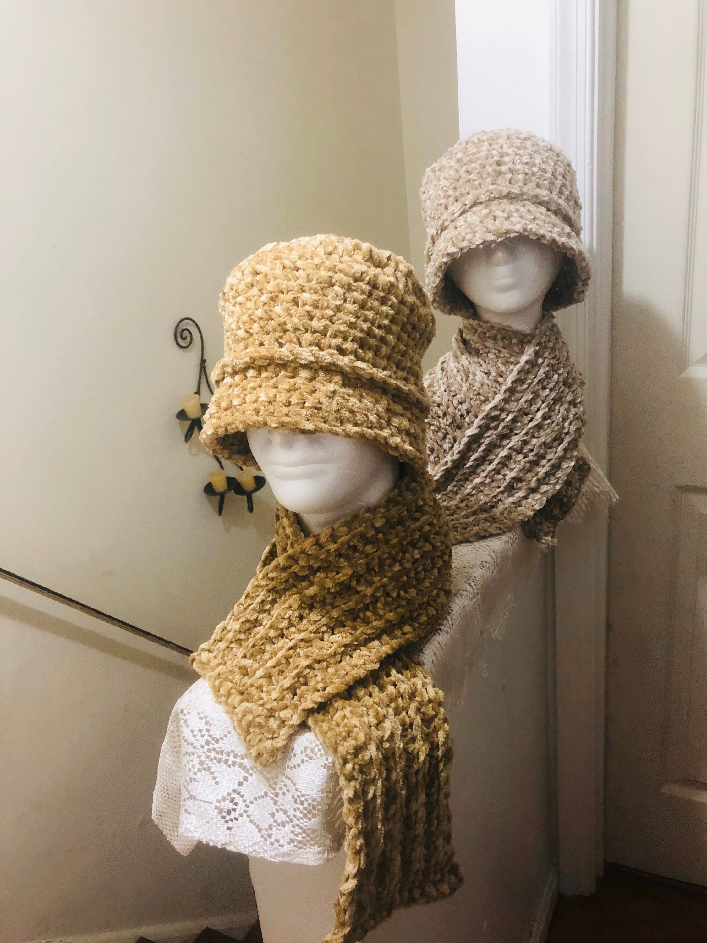 Handmade Crocheted Chenille Cable Knit Hat & Scarfs Sets(2), Adult, NWOT Crochet Hat and Scarf Set Pattern + Tutorials | The Crochet  main image 4