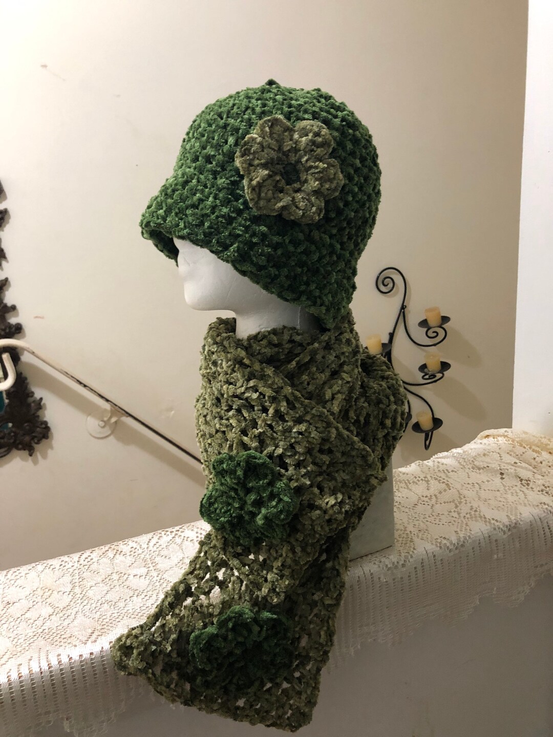 Chenille Hat & Scarf Set (accented With Flowers) - Etsy display picture 1