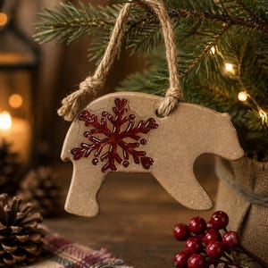 May include: A tan bear-shaped ornament with a glossy red snowflake design on its side. The ornament is suspended by a thick, natural-colored jute twine loop, featuring a smooth, glittery finish that catches the light, creating a festive appearance.