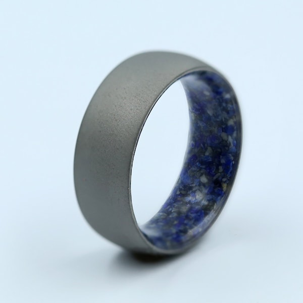 Raw stone ring for man and woman sandblasted stonewash titanium band Lapislazuli bue engagement round band dome