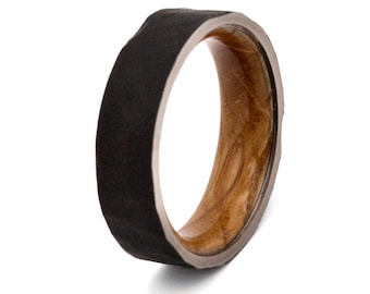 Bourbon Whiskey Wood Ring Hammered Black titanium Band Personalized gift for men and women Bourbon Barrel Ring