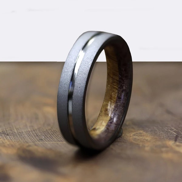 Whisky barrel wood ring with raw garnet stone sandblasted titanium flat band bourbon men ring men and woman size 3 to 16