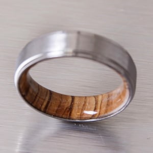 Olive tree wood ring, Flat ring , Titanium , comfort fit, 6mm width, brushed shiny band, Gift for her and him, Anniversary wood ring, custom