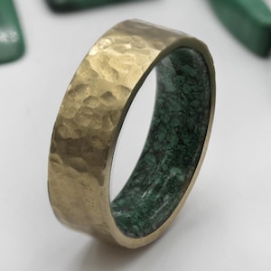 Bronze Anniversary gift for him her, Hammered ring, Malachite ring for women men, raw stone band,  Medieval ring, Antique bronze ring